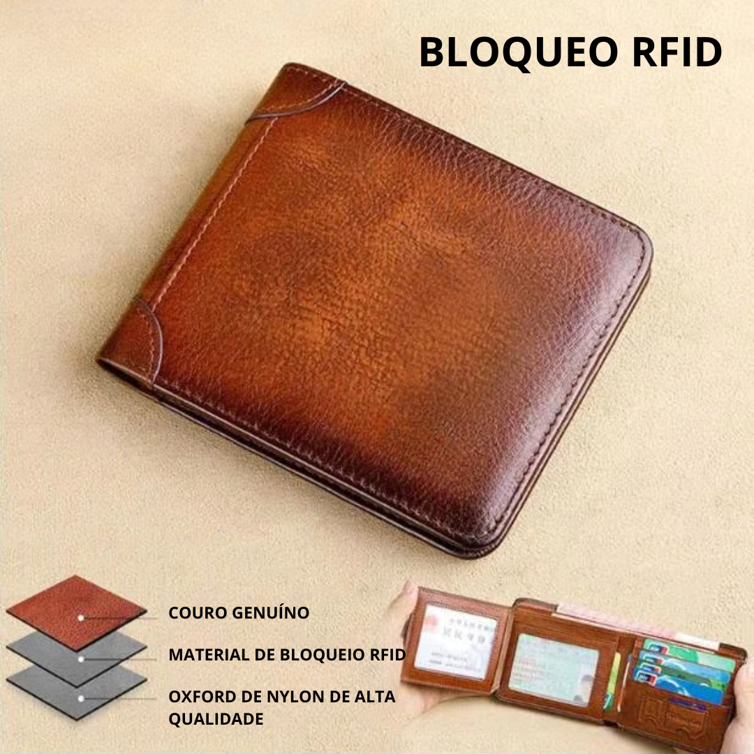 Carteira de Couro Genuíno Impermeável com Bloqueio RFID Multifuncional
