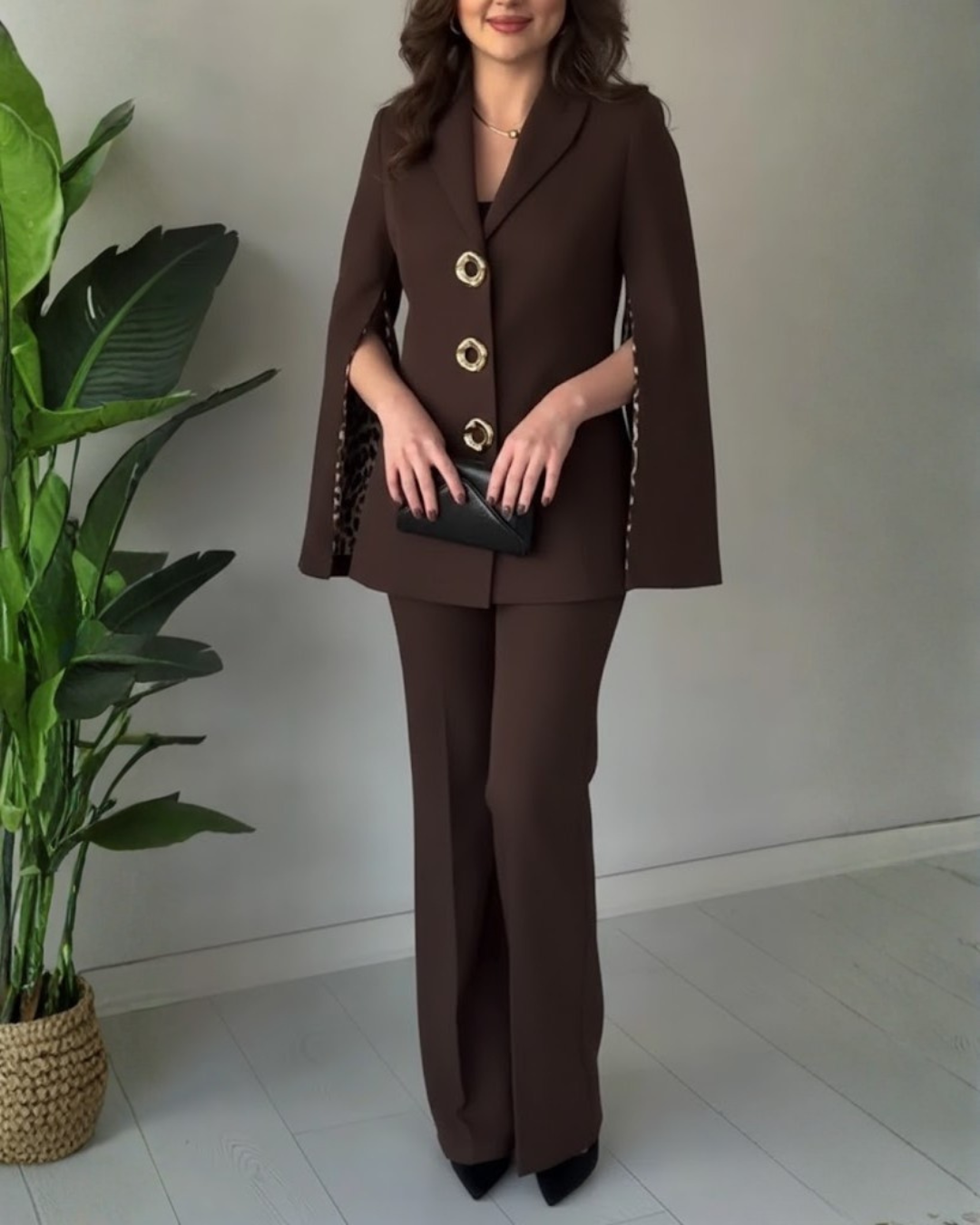 Conjunto de casaco e calças para mulher