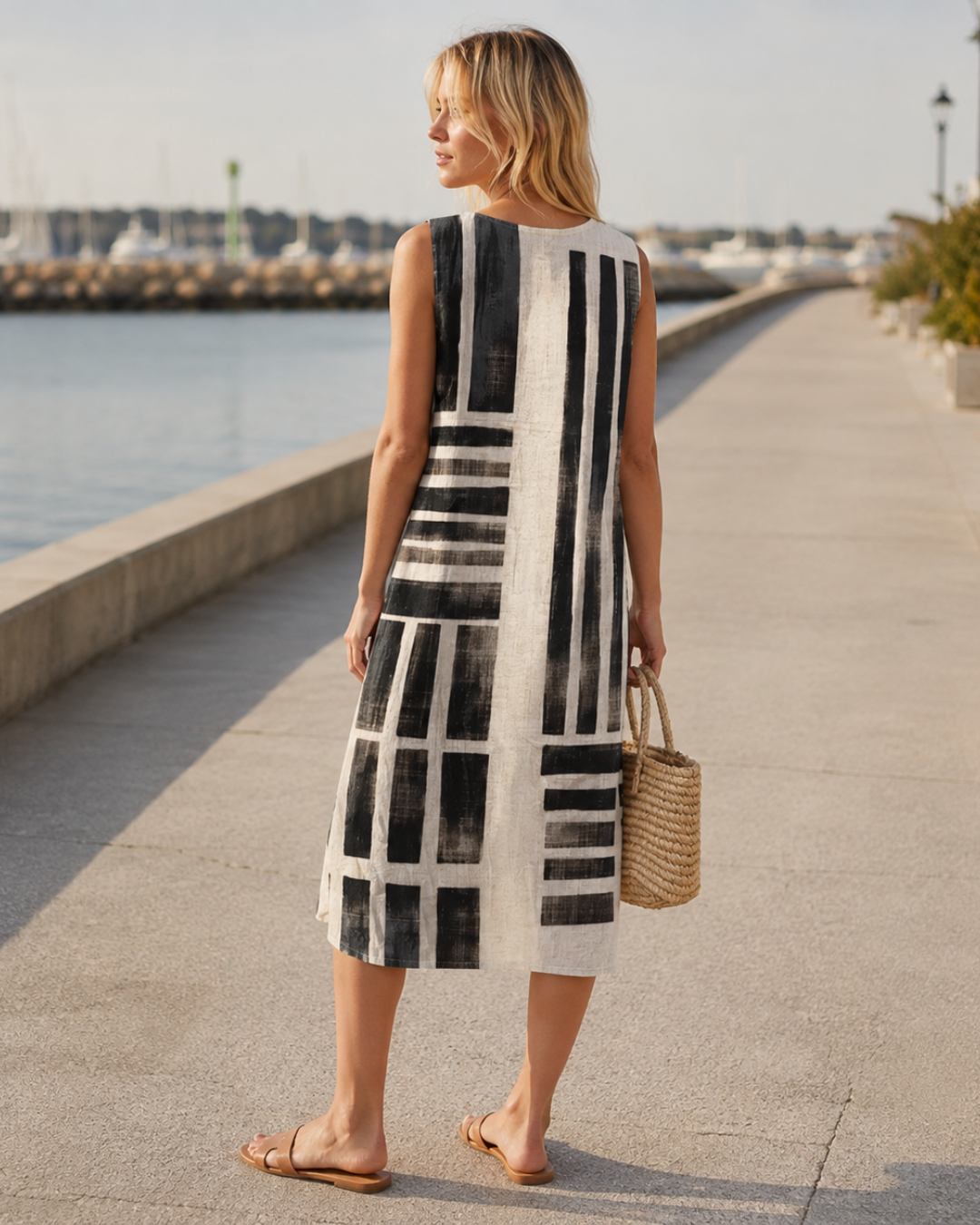 Vestido casual de algodão e linho
