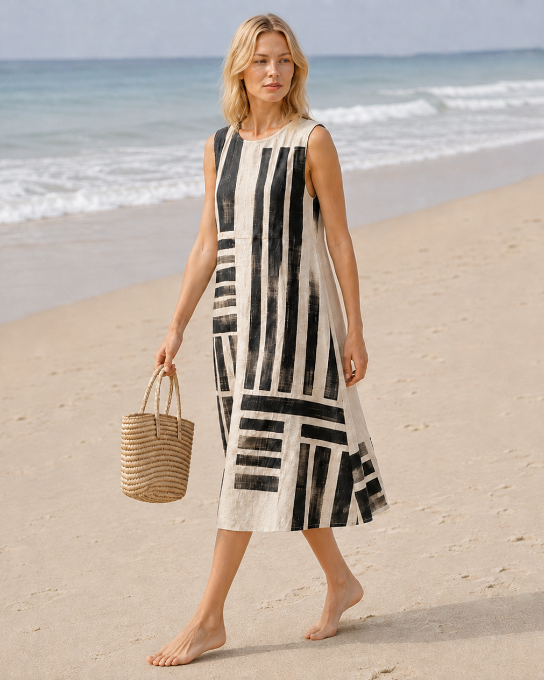 Vestido casual de algodão e linho