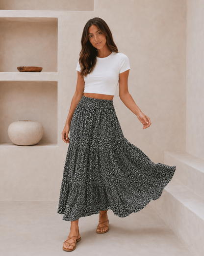 Saia Midi Floral com Cintura Ajustáve